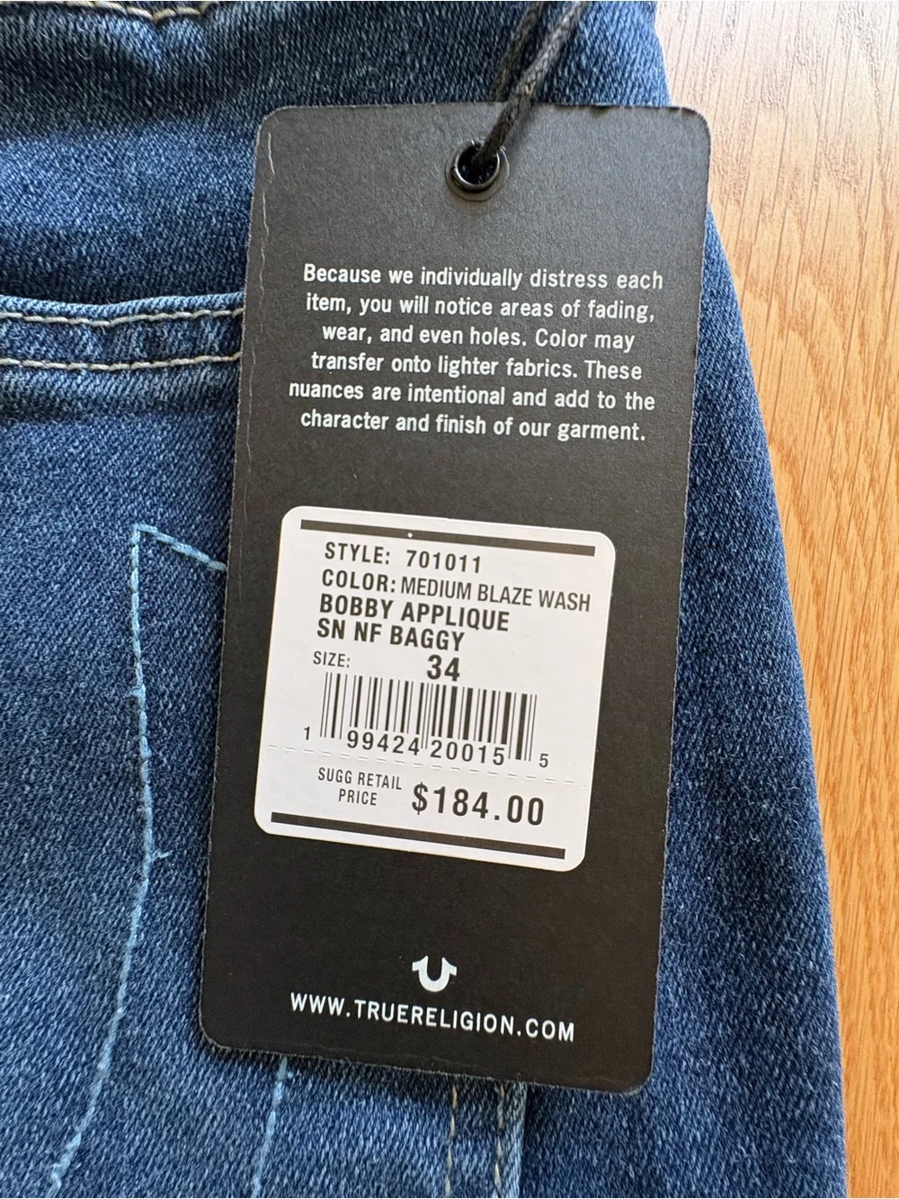True Religion Bobby Baggy Mens Jeans W34 L32 Applique Blue Distressed Denim